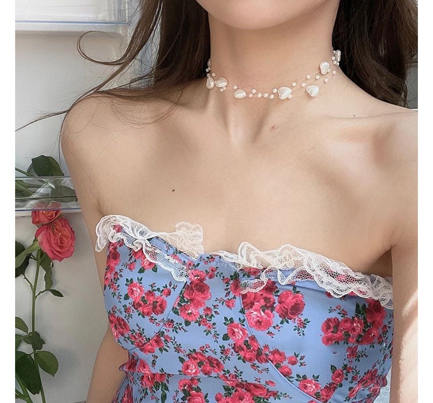 Heart Faux Pearl Layered Fish Line Choker SpreePicky