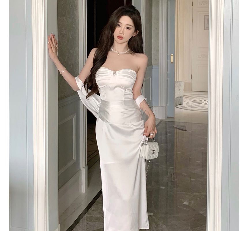 Strapless Plain Bodycon Gown Evening Shirred FashionChic