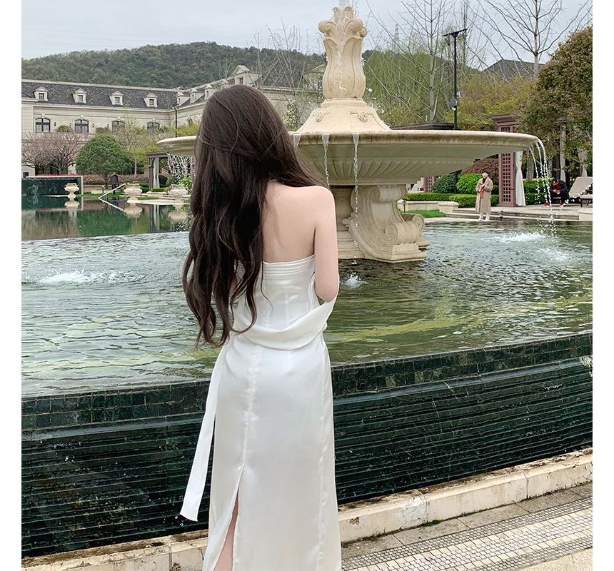 Strapless Plain Bodycon Gown Evening Shirred FashionChic