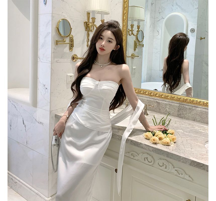 Strapless Plain Bodycon Gown Evening Shirred FashionChic