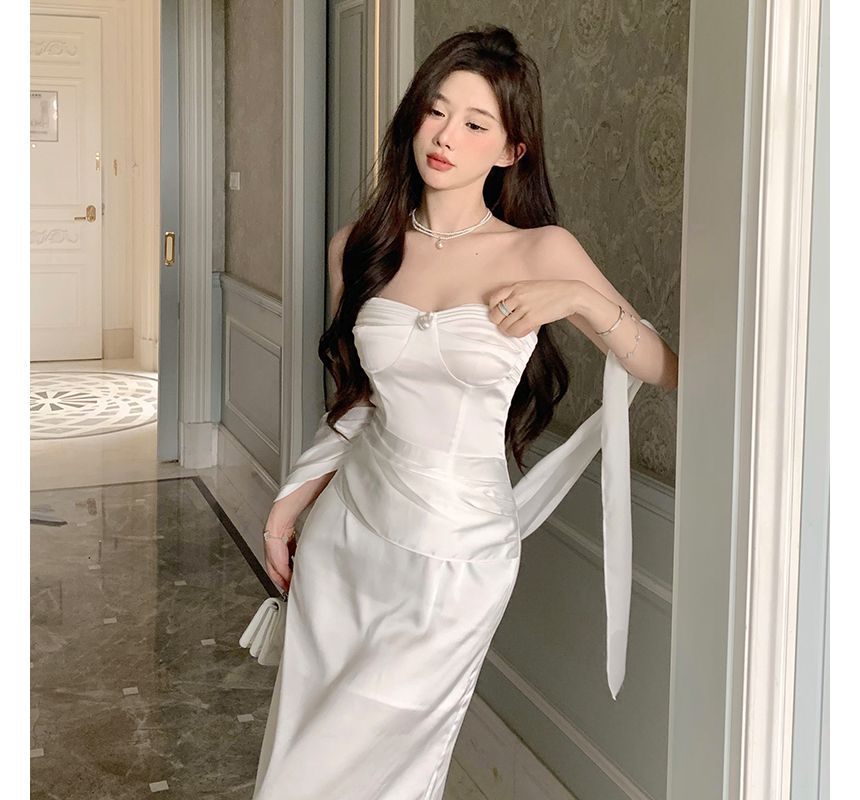 Strapless Plain Bodycon Gown Evening Shirred FashionChic