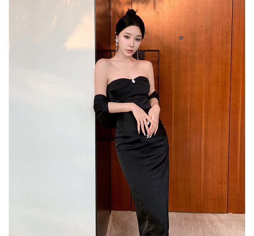 Strapless Plain Bodycon Gown Evening Shirred FashionChic