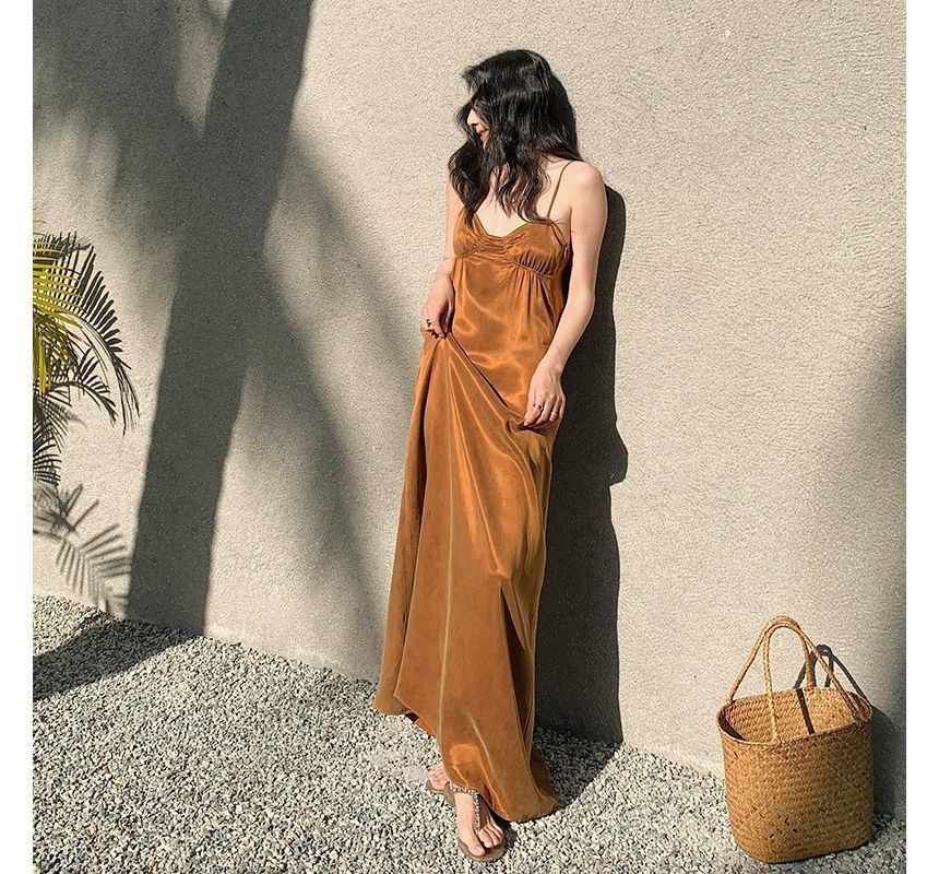 Spaghetti Strap Plain Maxi Smock Dress SpreePicky