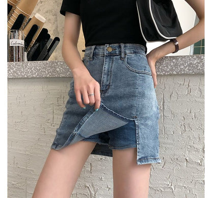 High Waist Slit Denim Mini Pencil Skort mySite