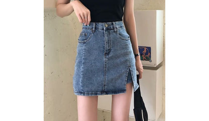 High Waist Slit Denim Mini Pencil Skort mySite