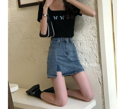 High Waist Slit Denim Mini Pencil Skort mySite