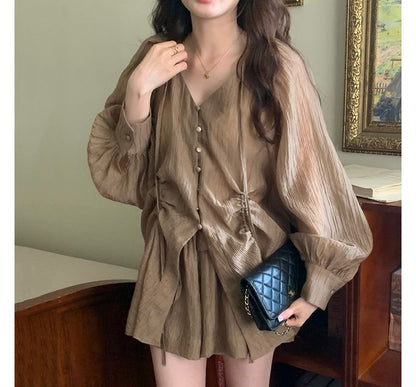 Set: Long-Sleeve V-Neck Drawstring Blouse + High Waist Wide Leg Shorts mySite