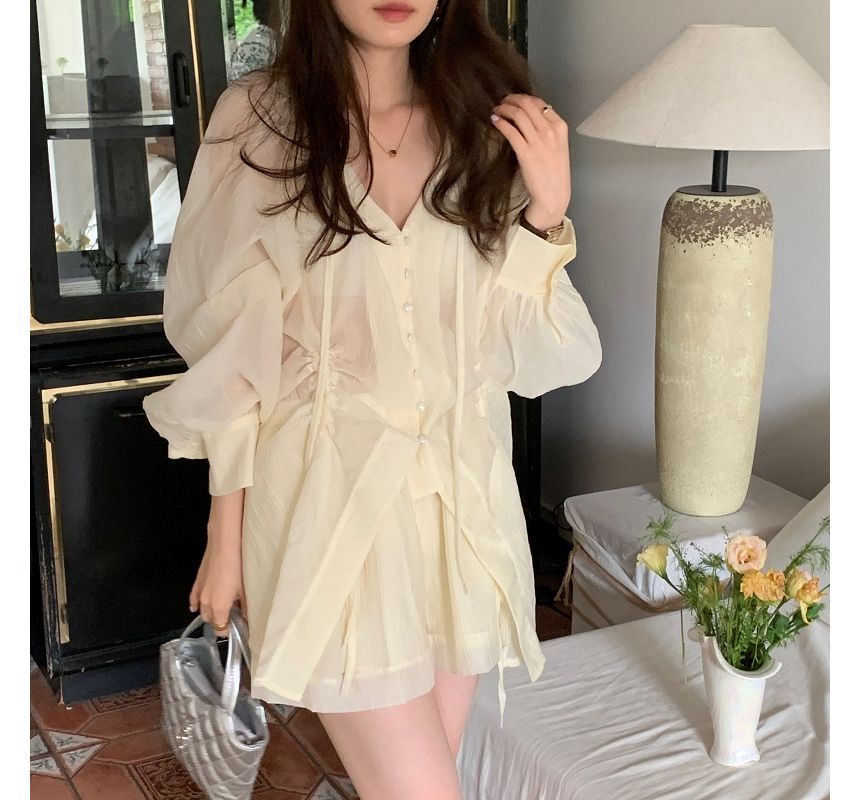 Set: Long-Sleeve V-Neck Drawstring Blouse + High Waist Wide Leg Shorts mySite