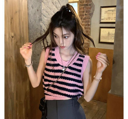 Sleeveless Scoop Neck Striped Knit Top mySite