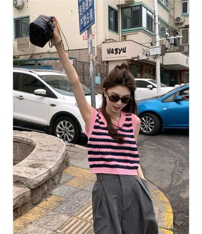 Sleeveless Scoop Neck Striped Knit Top mySite