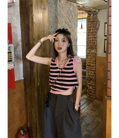 Sleeveless Scoop Neck Striped Knit Top mySite