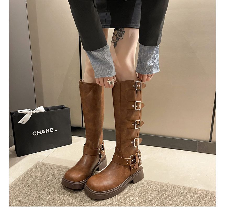 Faux Leather Buckled Tall Boots mySite