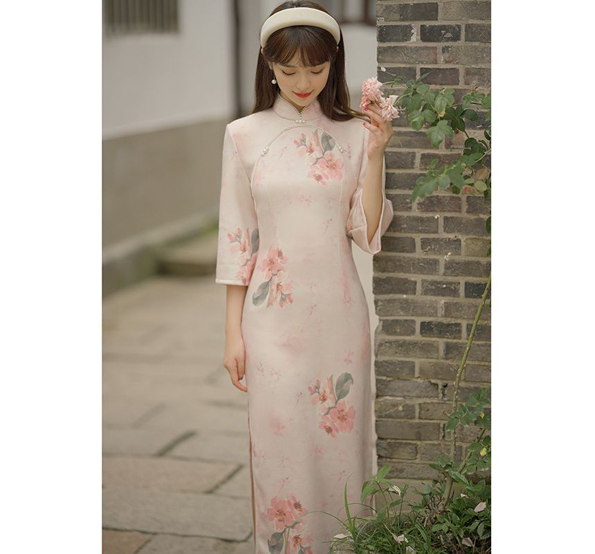 3/4-Sleeve Floral Print Faux Pearl Faux Suede Midi Sheath Qipao SpreePicky