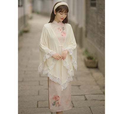 3/4-Sleeve Floral Print Faux Pearl Faux Suede Midi Sheath Qipao SpreePicky