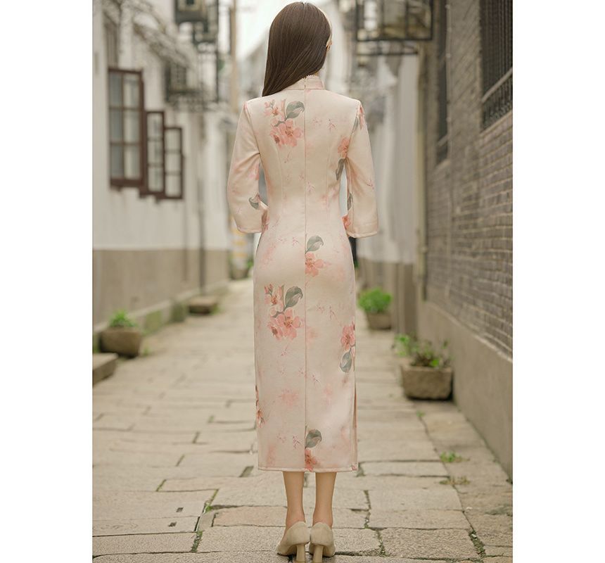 3/4-Sleeve Floral Print Faux Pearl Faux Suede Midi Sheath Qipao SpreePicky