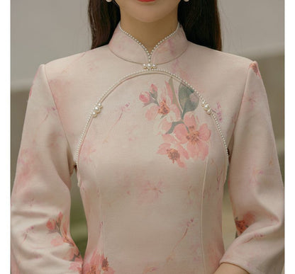 3/4-Sleeve Floral Print Faux Pearl Faux Suede Midi Sheath Qipao SpreePicky