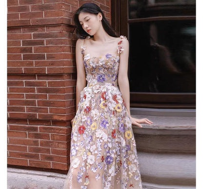 Spaghetti Strap Floral Print Mesh Midi A-Line Evening Dress SpreePicky