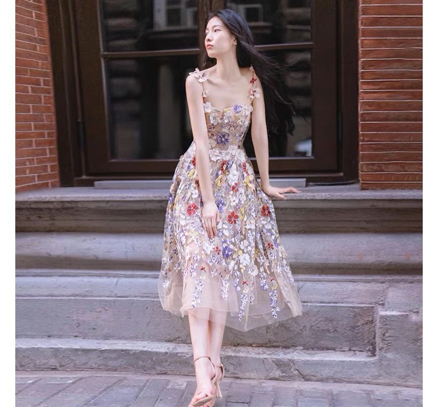 Spaghetti Strap Floral Print Mesh Midi A-Line Evening Dress SpreePicky