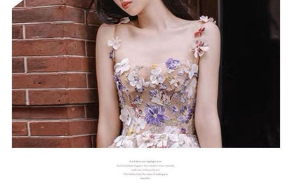 Spaghetti Strap Floral Print Mesh Midi A-Line Evening Dress SpreePicky