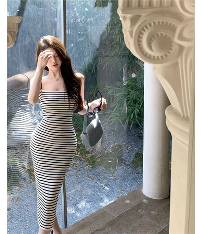 Spaghetti Strap Striped Midi Bodycon Dress SpreePicky