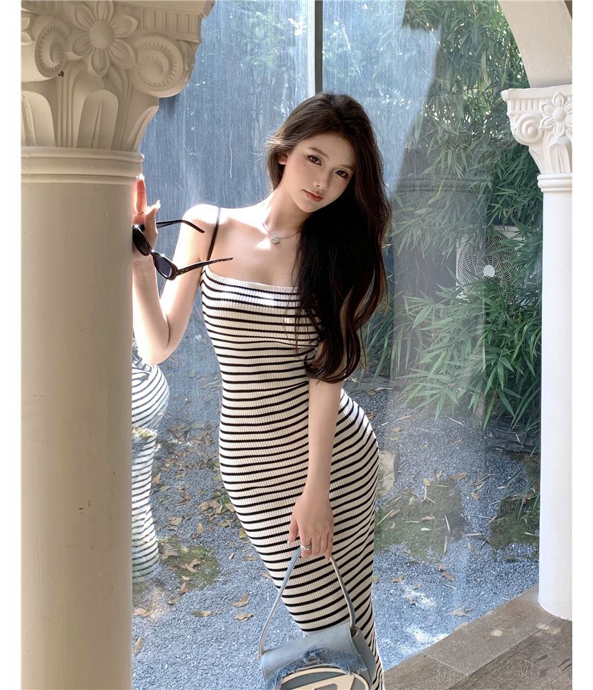 Spaghetti Strap Striped Midi Bodycon Dress SpreePicky