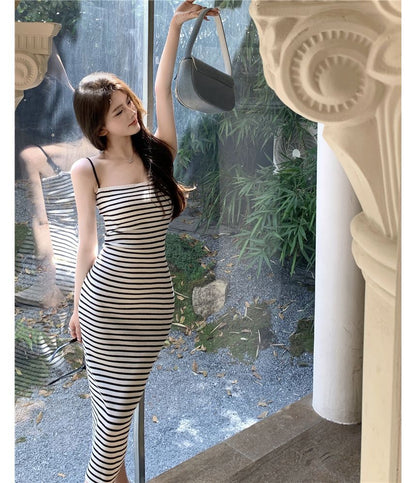 Spaghetti Strap Striped Midi Bodycon Dress SpreePicky