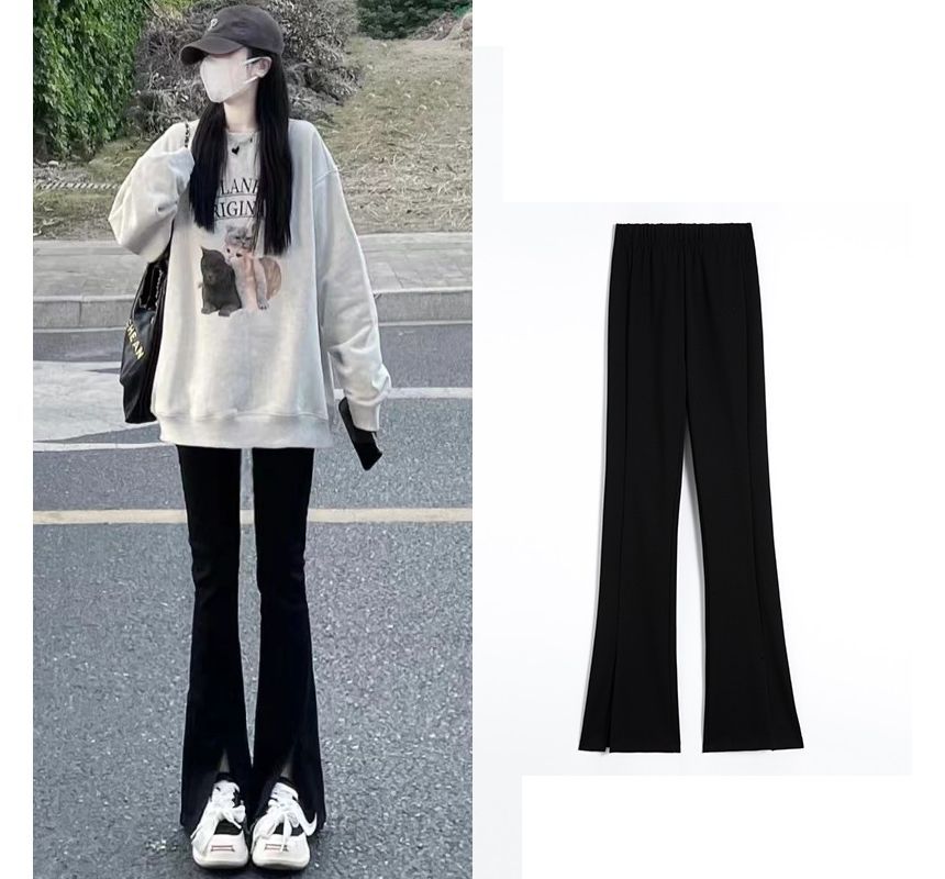 Elastic Waist Plain Flared  Pants SpreePicky