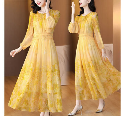 Long-Sleeve Crew Neck Print Maxi A-Line Dress SpreePicky