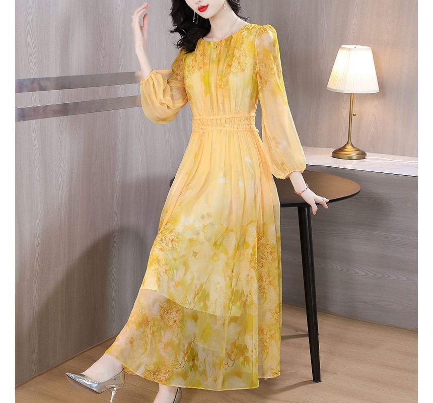 Long-Sleeve Crew Neck Print Maxi A-Line Dress SpreePicky