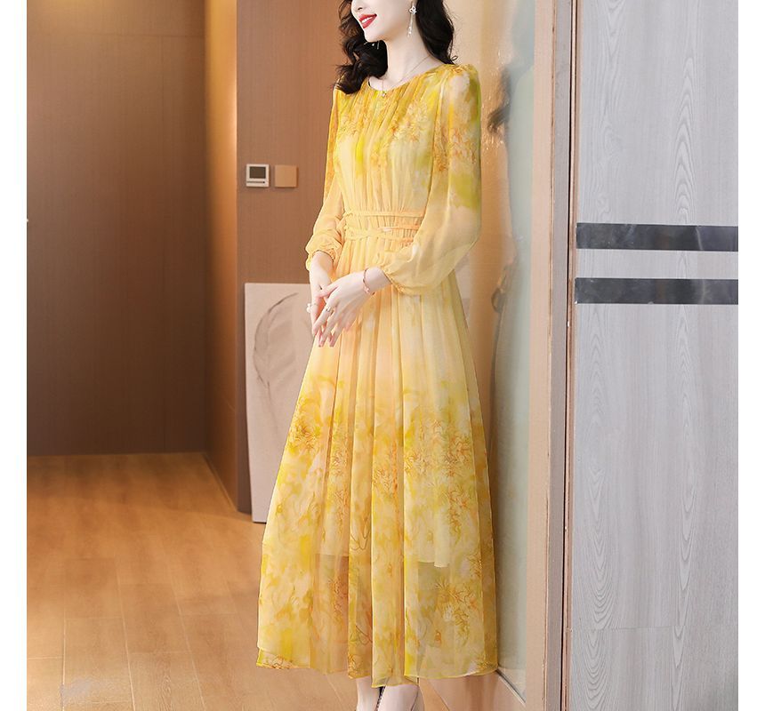 Long-Sleeve Crew Neck Print Maxi A-Line Dress SpreePicky