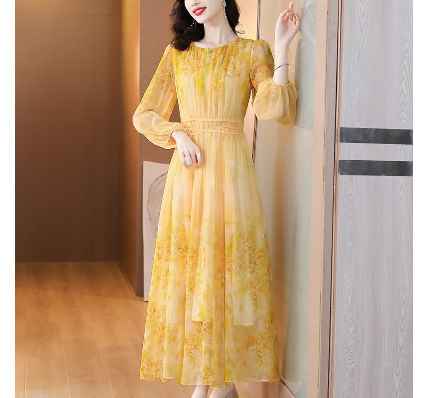 Long-Sleeve Crew Neck Print Maxi A-Line Dress SpreePicky