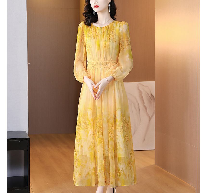 Long-Sleeve Crew Neck Print Maxi A-Line Dress SpreePicky