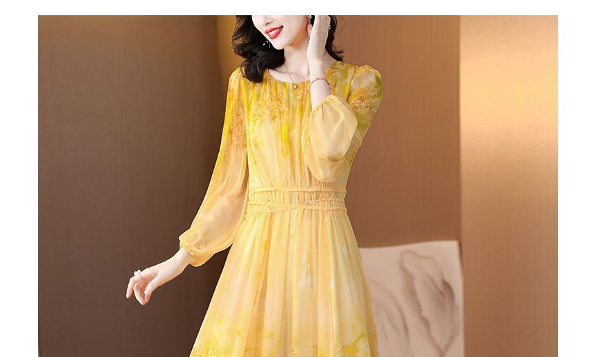 Long-Sleeve Crew Neck Print Maxi A-Line Dress SpreePicky