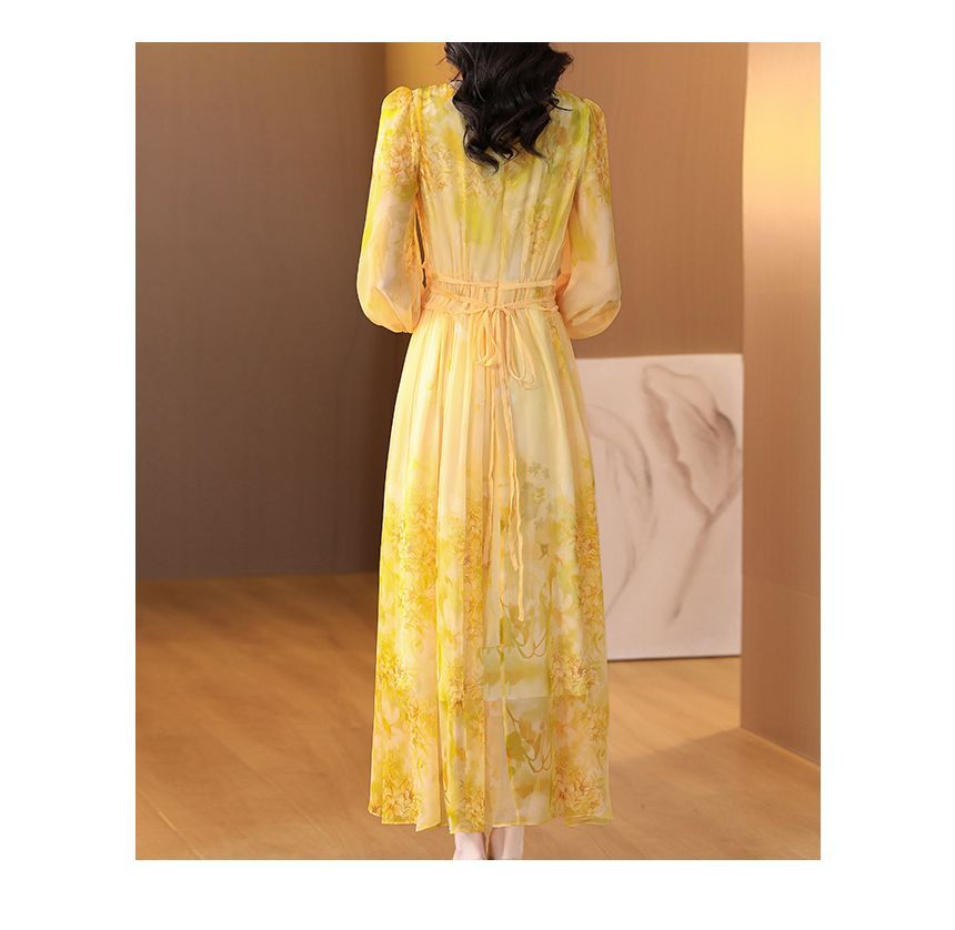 Long-Sleeve Crew Neck Print Maxi A-Line Dress SpreePicky