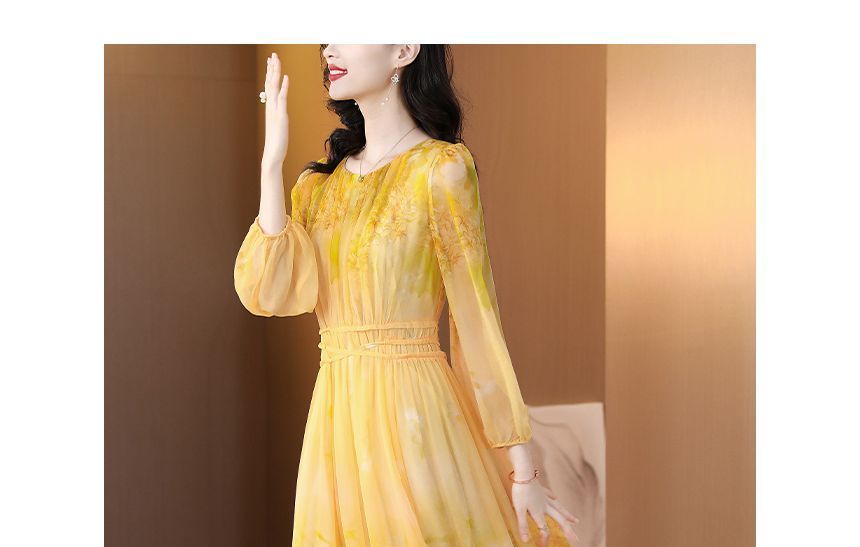 Long-Sleeve Crew Neck Print Maxi A-Line Dress SpreePicky