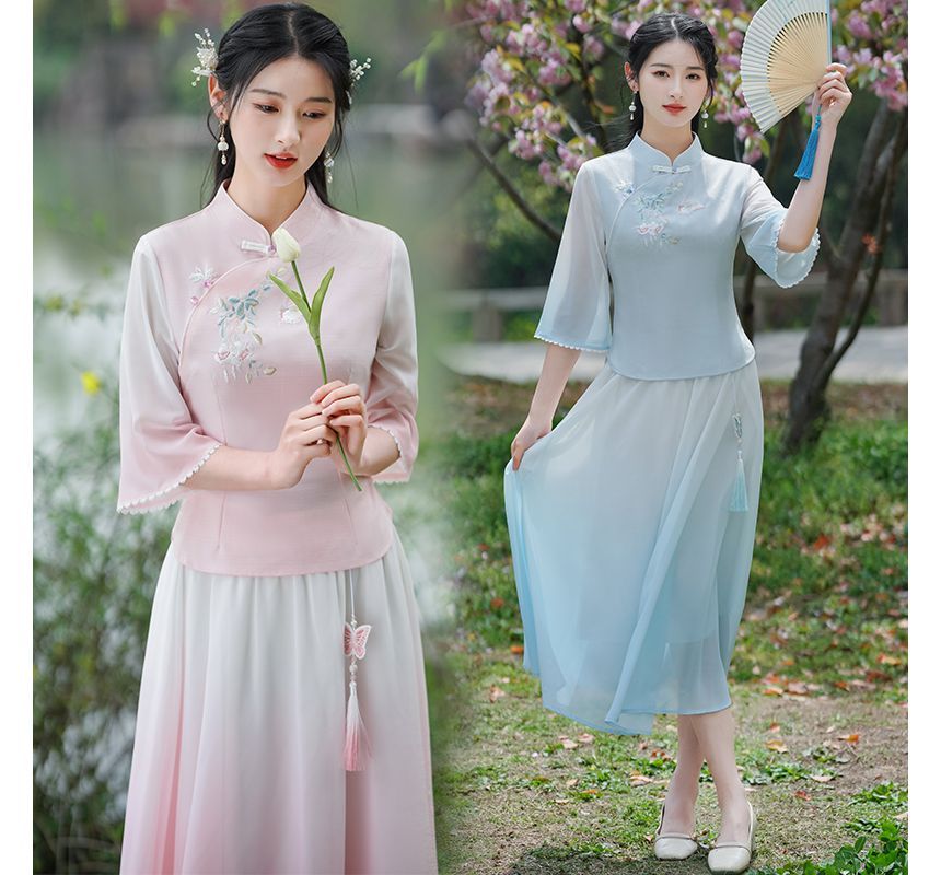 Traditional Chinese 3/4-Sleeve Top / High Rise Midi A-Line Skirt SpreePicky