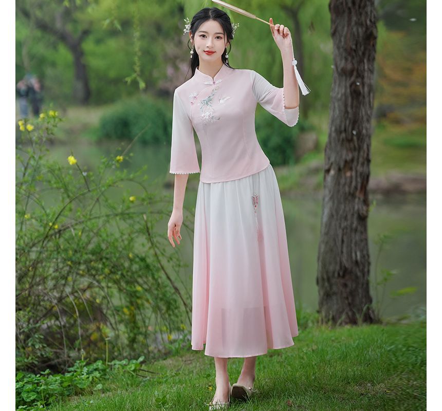 Traditional Chinese 3/4-Sleeve Top / High Rise Midi A-Line Skirt SpreePicky