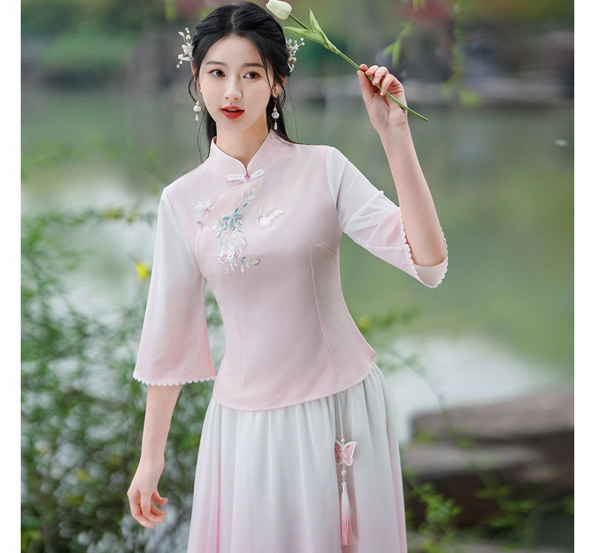 Traditional Chinese 3/4-Sleeve Top / High Rise Midi A-Line Skirt SpreePicky