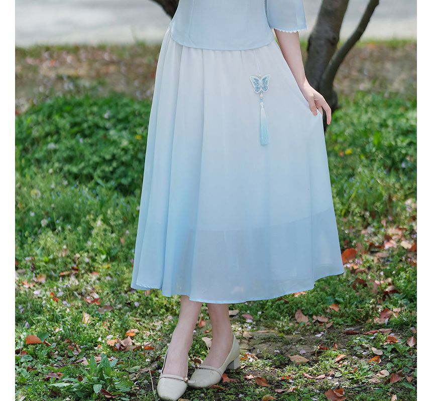 Traditional Chinese 3/4-Sleeve Top / High Rise Midi A-Line Skirt SpreePicky