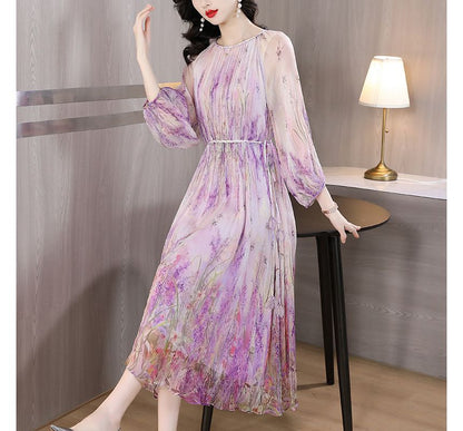 Long-Sleeve Crew Neck Floral Print Midi A-Line Dress SpreePicky