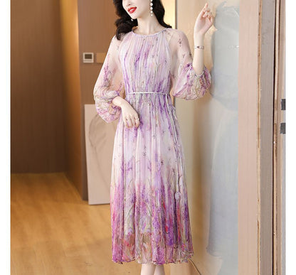 Long-Sleeve Crew Neck Floral Print Midi A-Line Dress SpreePicky