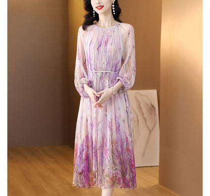 Long-Sleeve Crew Neck Floral Print Midi A-Line Dress SpreePicky