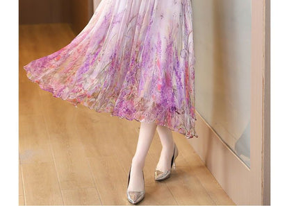 Long-Sleeve Crew Neck Floral Print Midi A-Line Dress SpreePicky