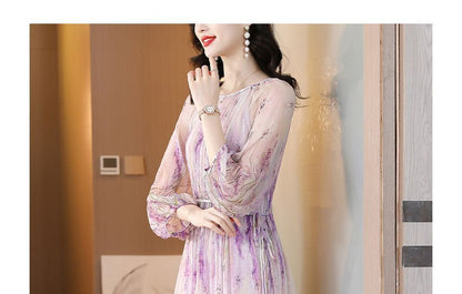 Long-Sleeve Crew Neck Floral Print Midi A-Line Dress SpreePicky