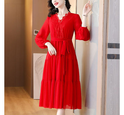 Long-Sleeve V-Neck Lace Trim Midi A-Line Dress SpreePicky