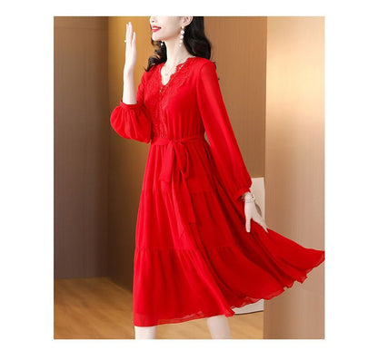 Long-Sleeve V-Neck Lace Trim Midi A-Line Dress SpreePicky