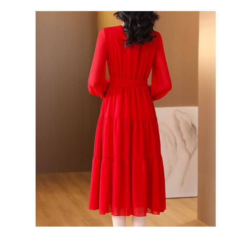 Long-Sleeve V-Neck Lace Trim Midi A-Line Dress SpreePicky