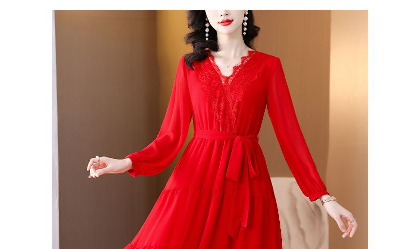 Long-Sleeve V-Neck Lace Trim Midi A-Line Dress SpreePicky