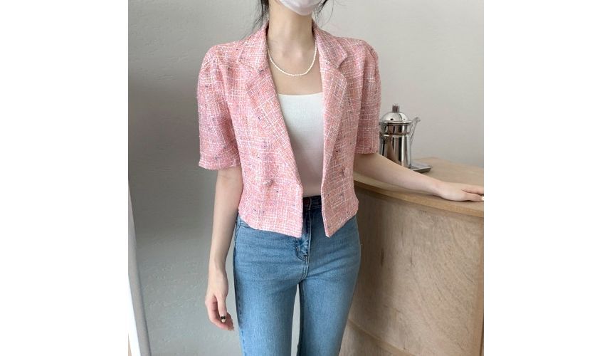 Short-Sleeve Double Breasted Plaid Crop Blazer SpreePicky