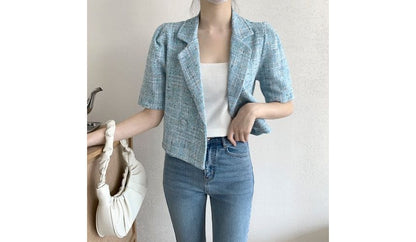 Short-Sleeve Double Breasted Plaid Crop Blazer SpreePicky